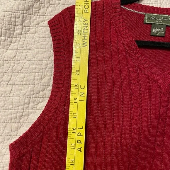 Vintage Eddie Bauer Red Cable Knit Cotton Cashmere V-Neck Sweater Vest Medium - Picture 7 of 7